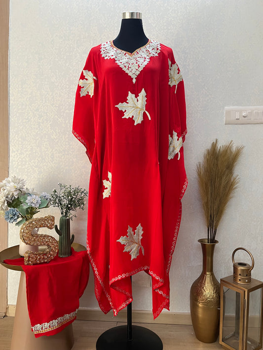 Red Crape Kashmiri Kaftan Set