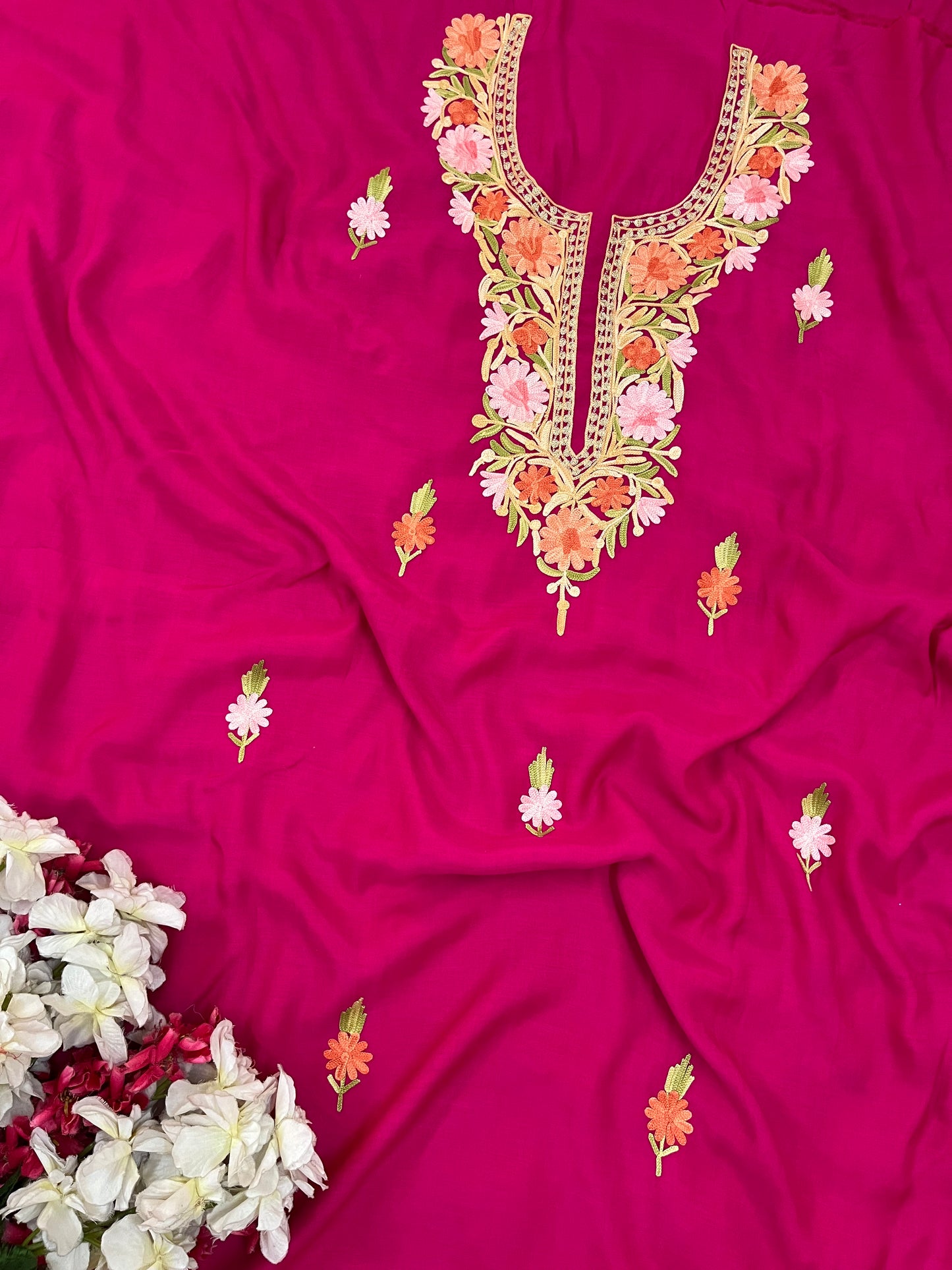 Hot Pink Muslin Cotton Jaal Sleeves Kashmiri 3pc Suit