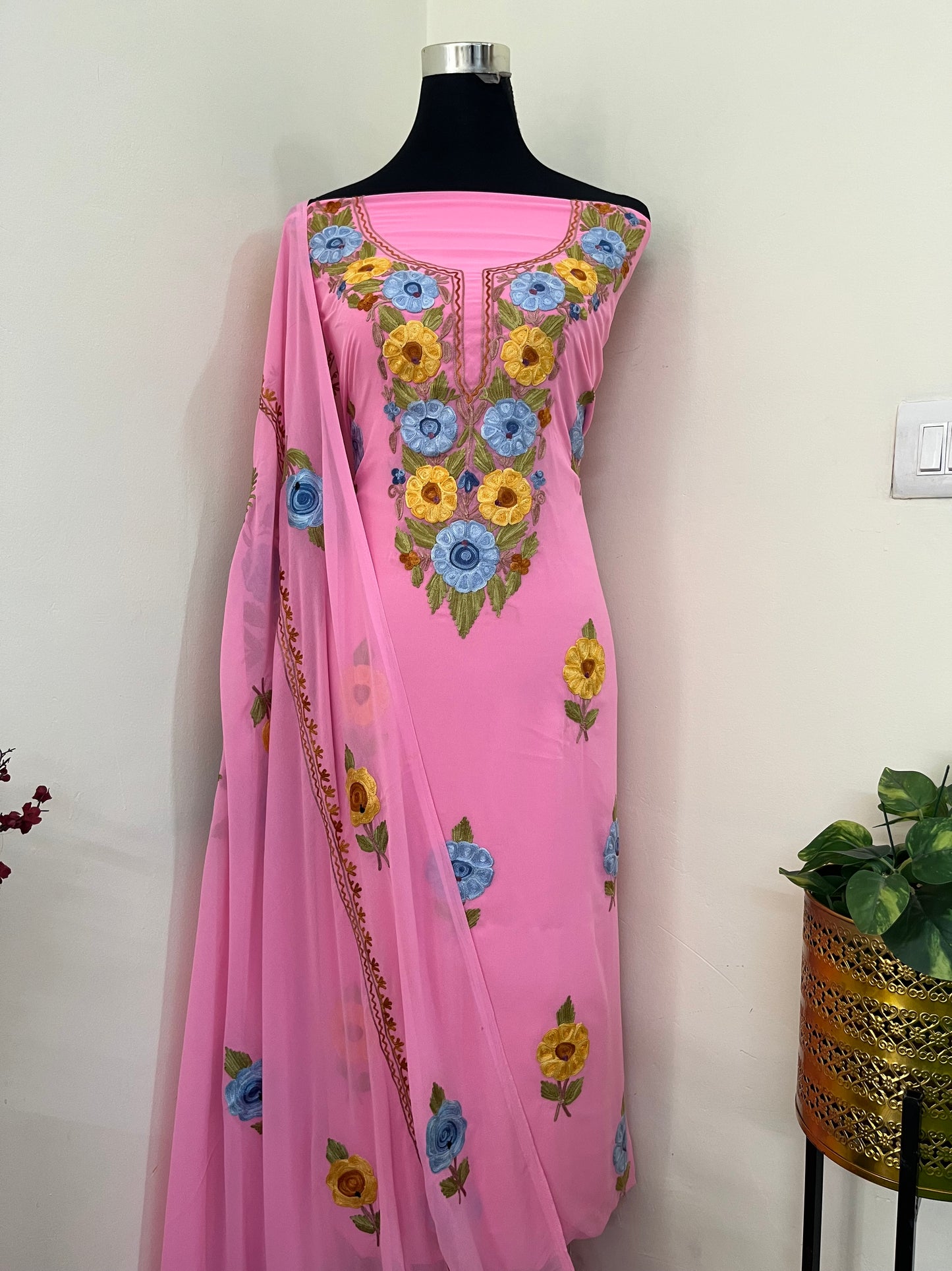 Georgette Candy Pink 3 Pc Aari Embroidered Suit