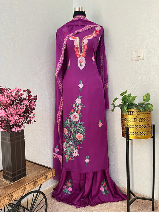 Wine Pure Georgette Aari Embroidered Suit