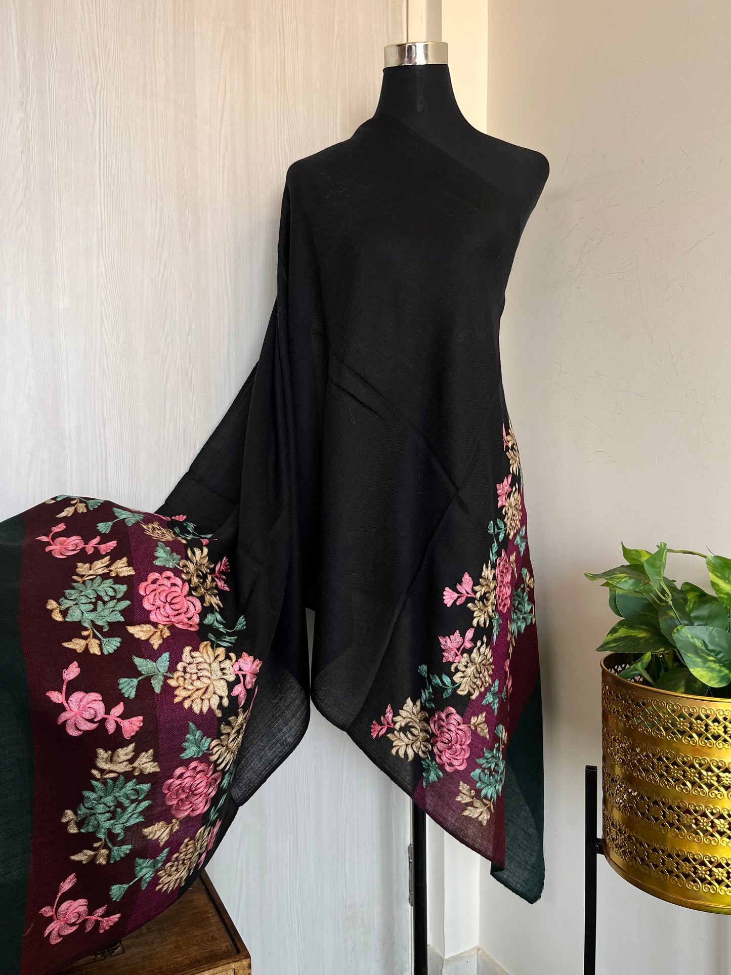 Black Fine Wool Kashmiri Embroidered stoles