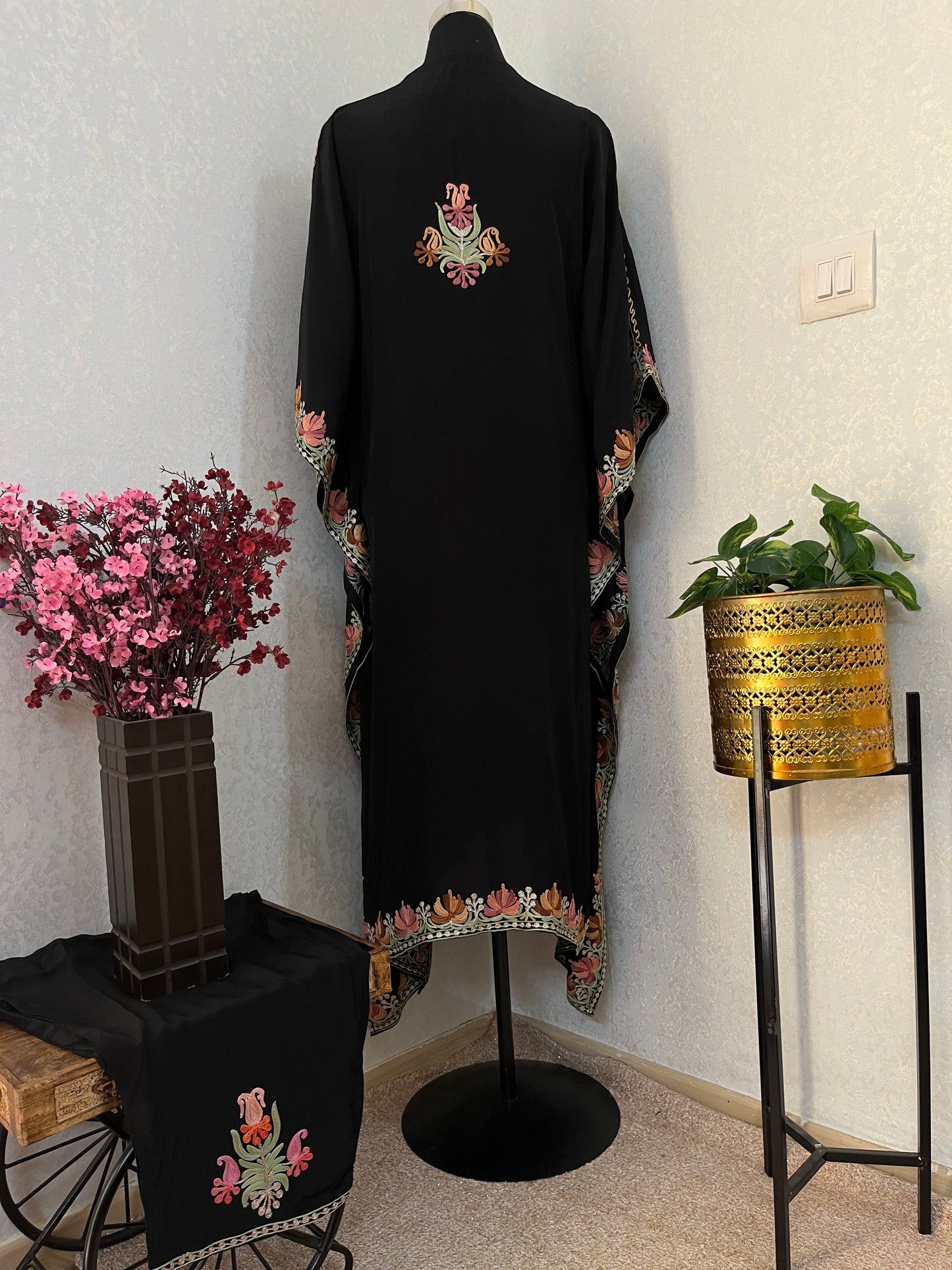 Black Pure Crape Kashmiri Kaftan