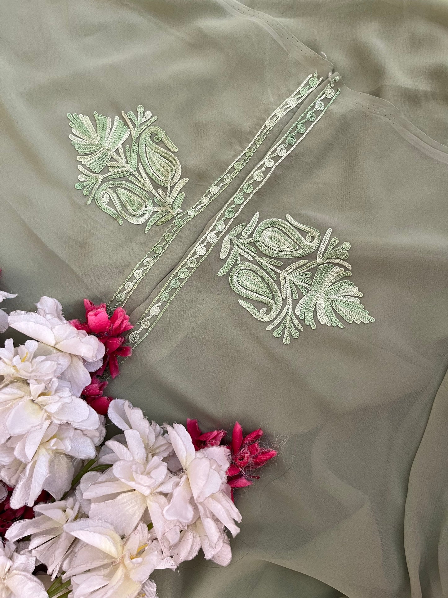 Tea green Georgette 3 Pc Aari Embroidered Suit Set