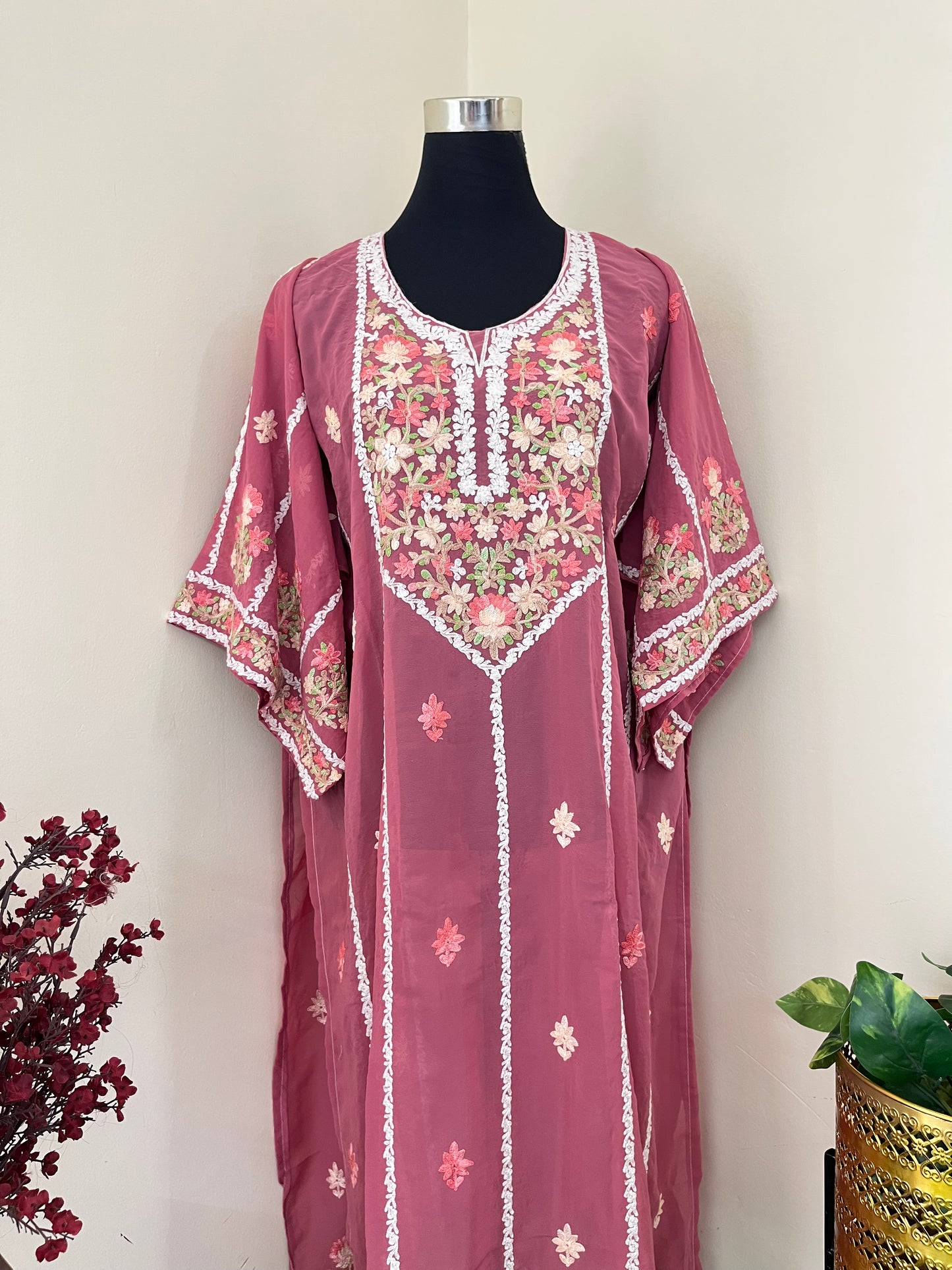 Pink Georgette All over Work Aari Embroidered Unstitched Kurta