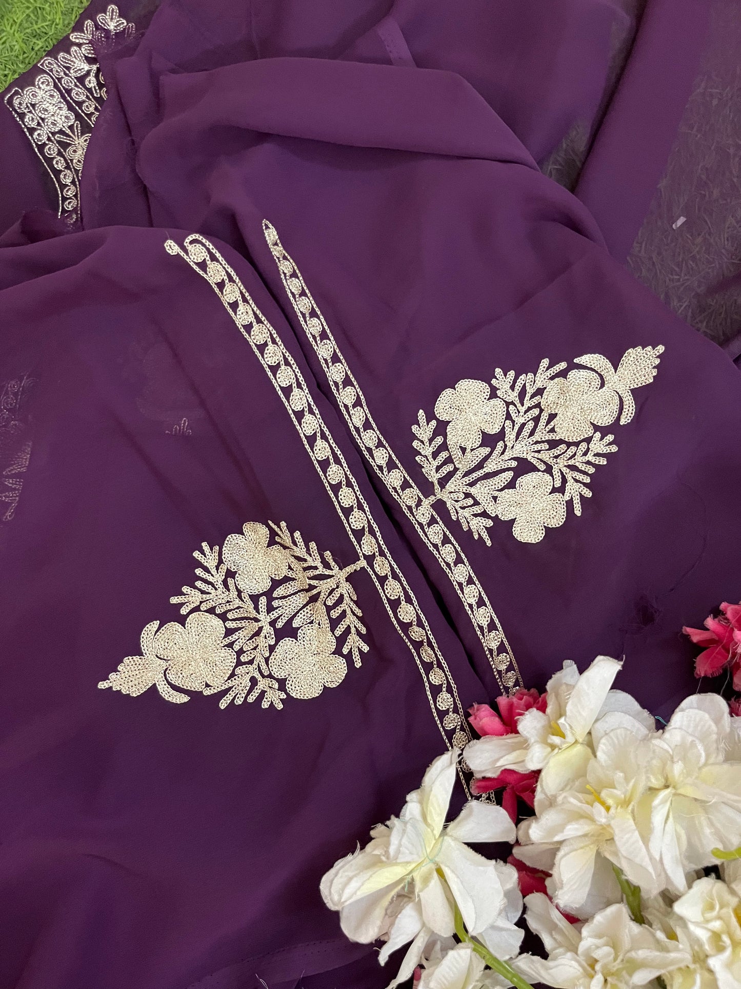 Wine Georgette 3pc Kashmiri Tilla Suit