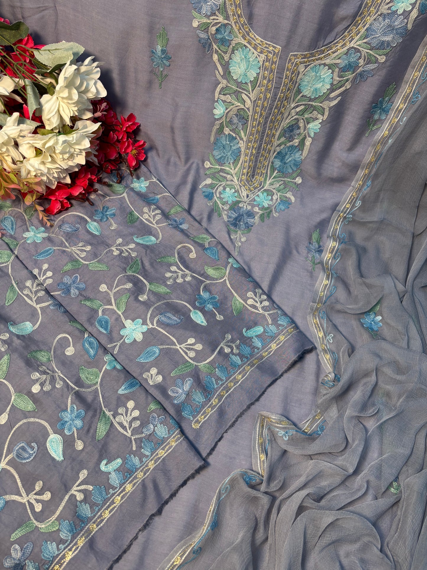 English Grey Muslin Cotton Jaal Sleeves Kashmiri 3pc Suit