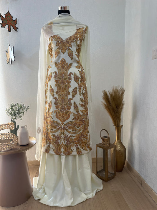 Ivory Satin Cotton Kashmiri Suit