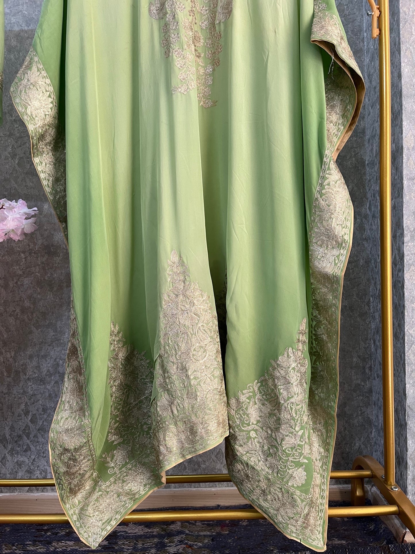 Pista Green Pure Crape Kashmiri Kaftan