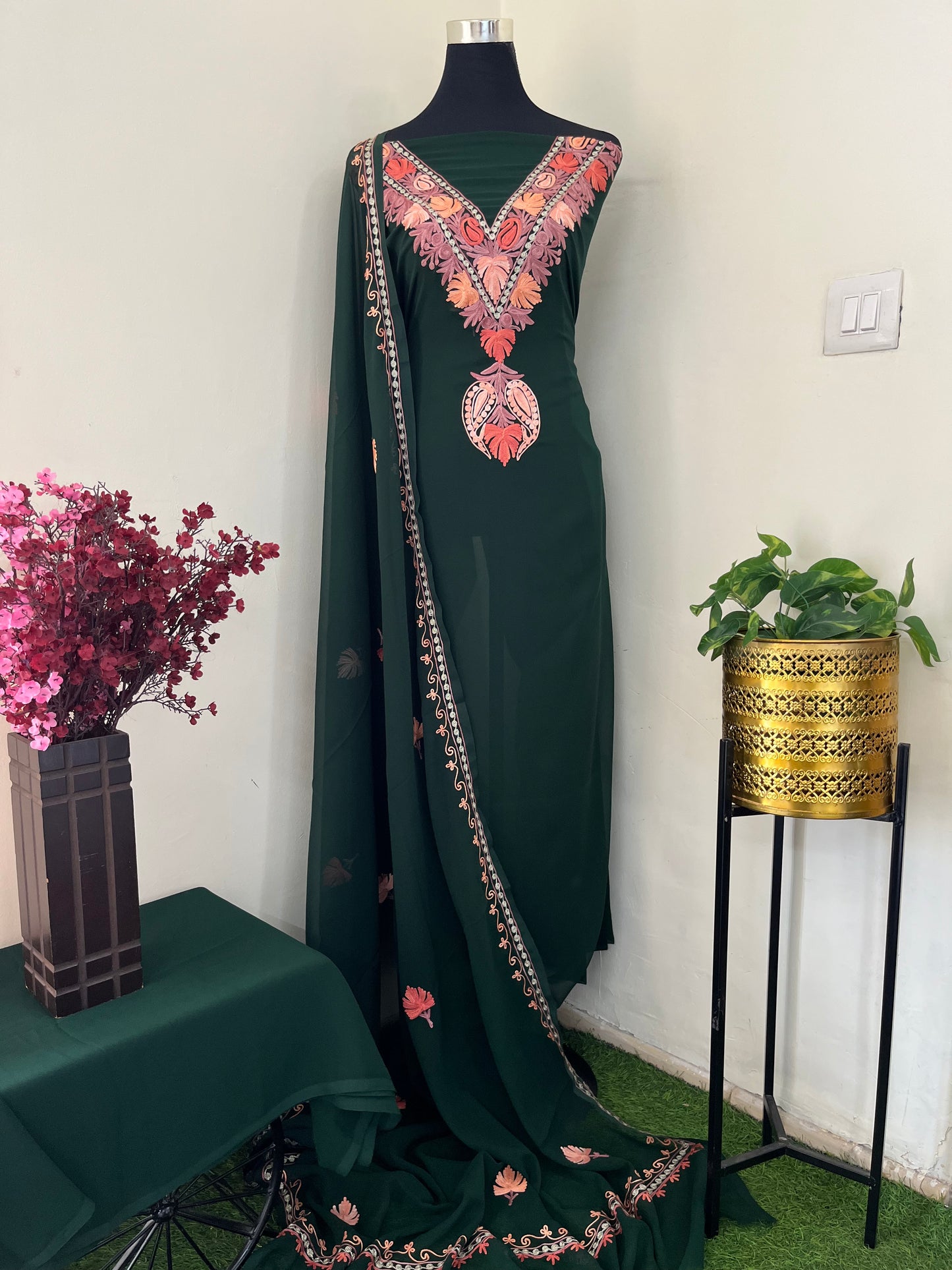 Bottle Green Georgette 3 Pc Aari Embroidered Suit Set