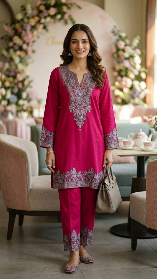 Hot Pink Cotton Stitched Co-ord Set( 42)