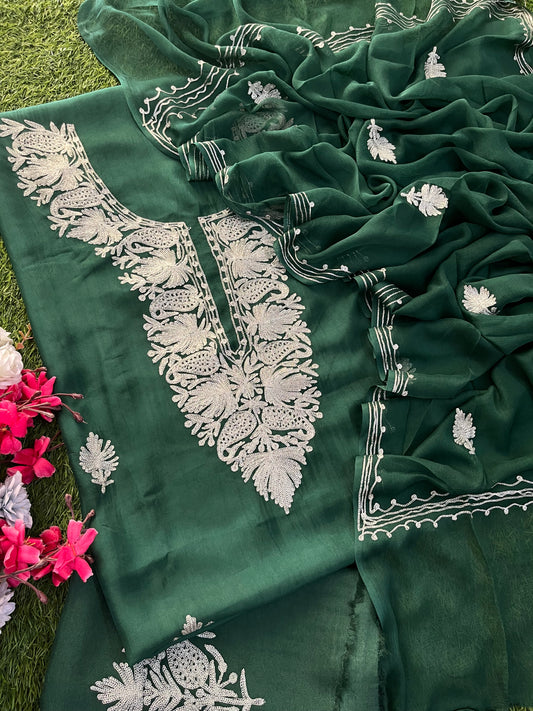 Bottle Green Silk Tilla Kashmiri Suit