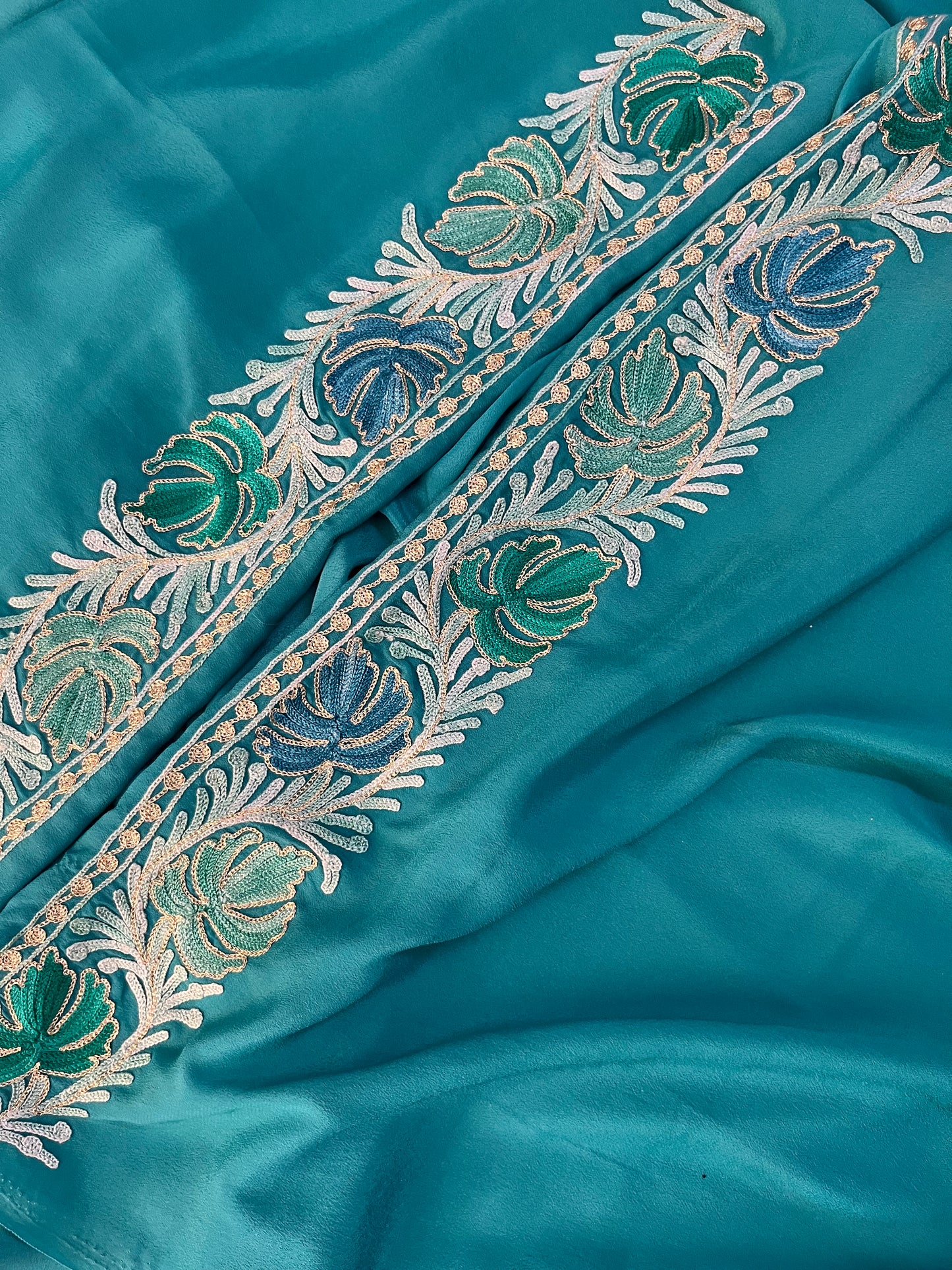 Blue Crape Kashmiri Saree with Tilla Outline