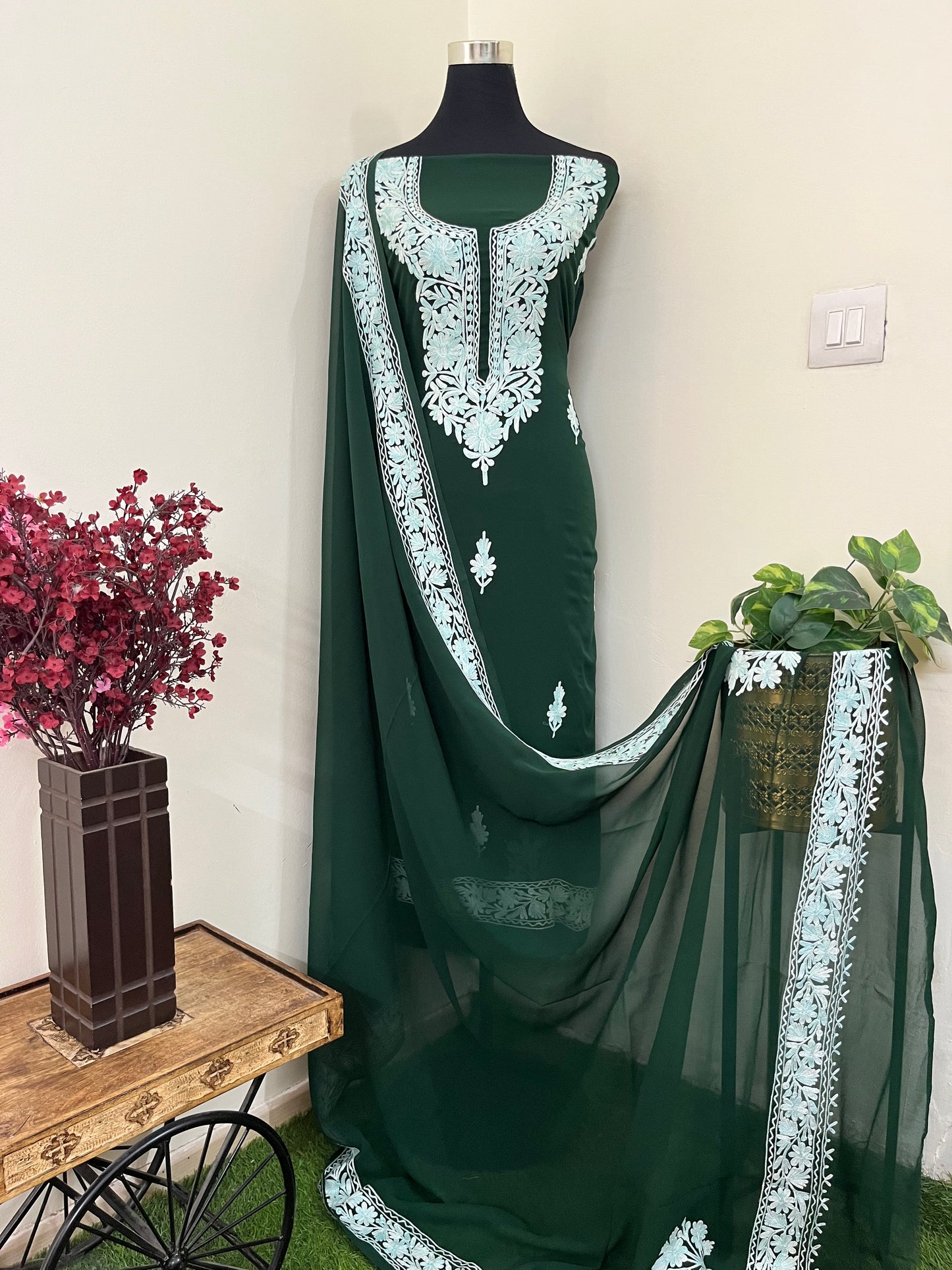 Georgette Green 3 Pc Aari Embroidered Suit Set