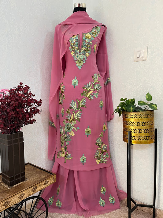 Onion Pink Georgette 3 Pc Aari Embroidered Suit