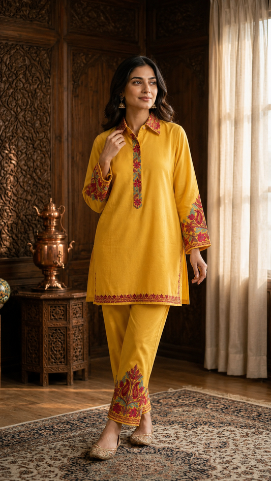 Yellow Cotton Stitched Co-ord Set (L/XL)