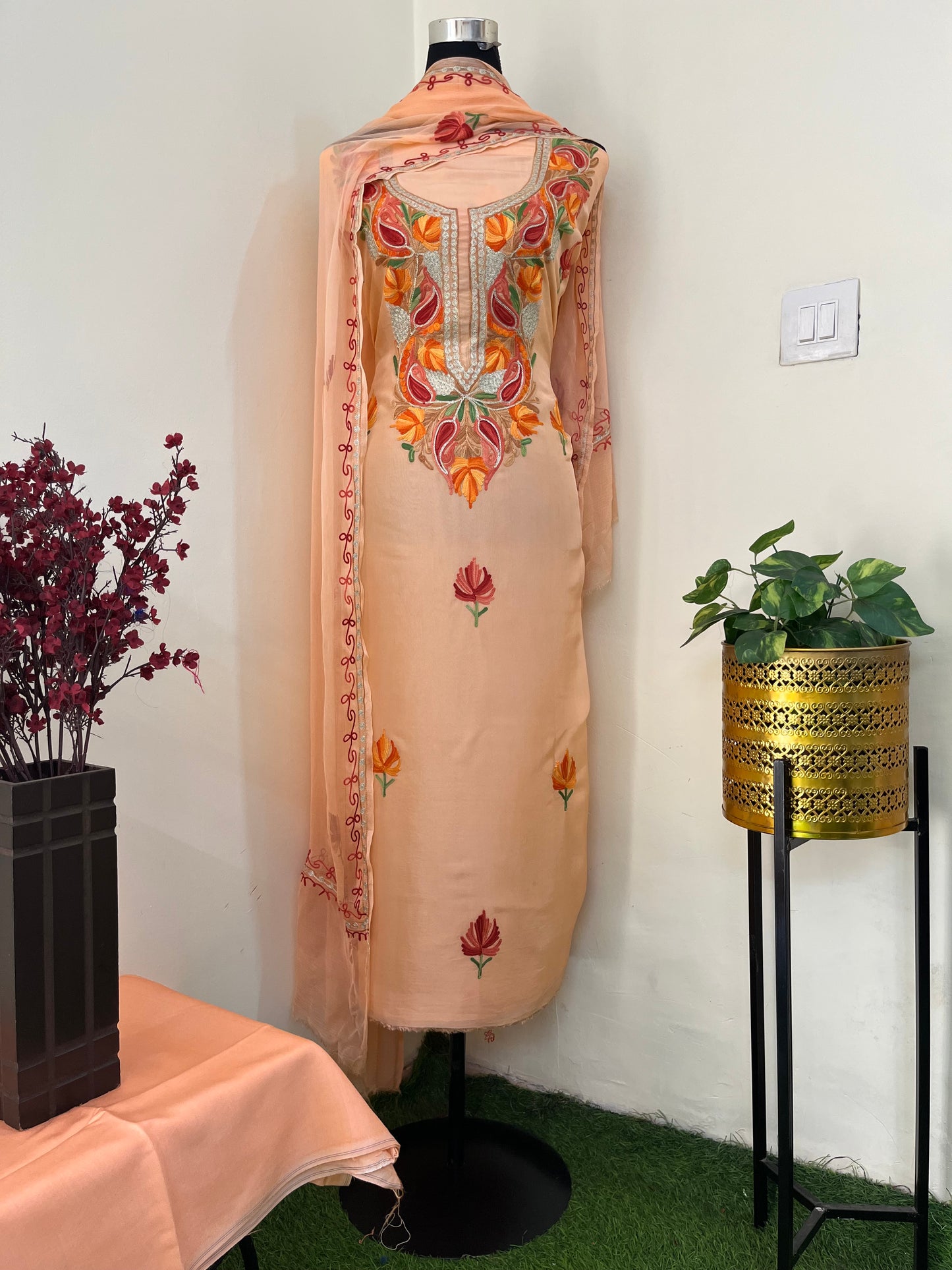 Peach Opada Silk Kashmiri Suit