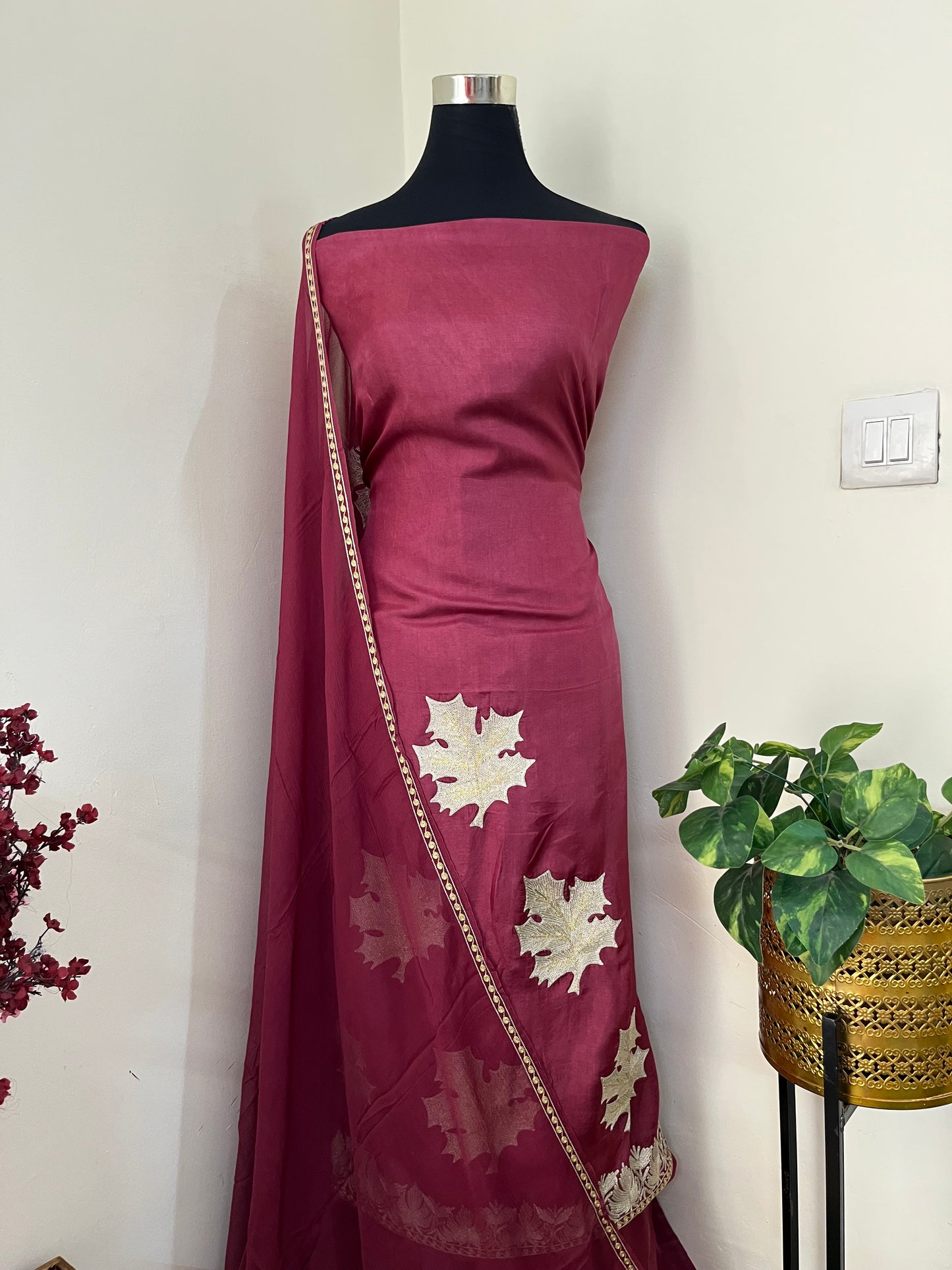 Red Sanam’ Tilla Embroidered Suit material