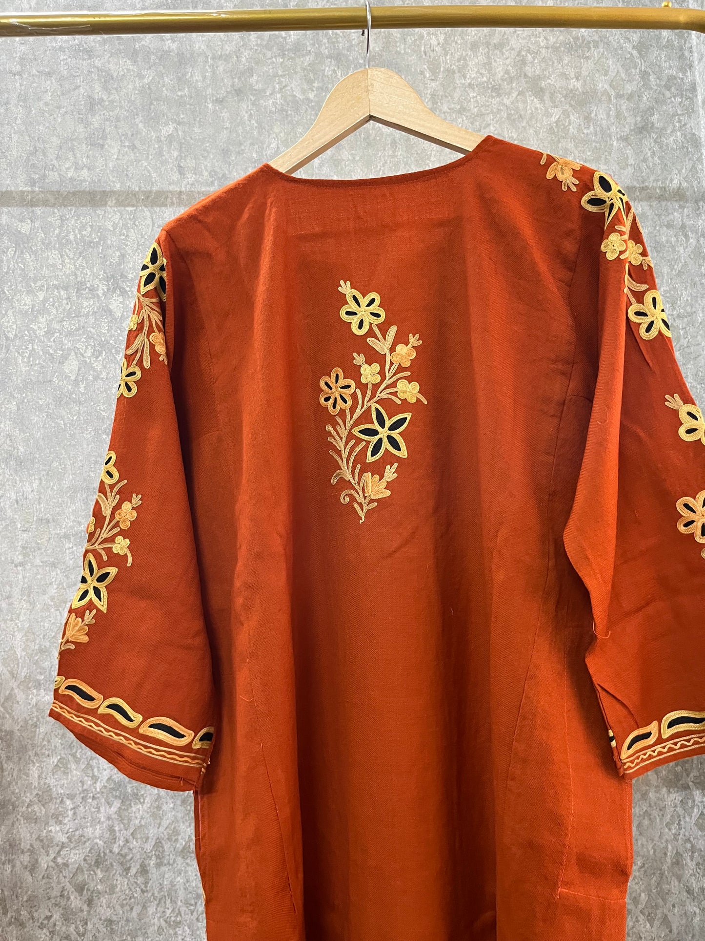 Rust Aari and Sozni Hand Embroidered Pure Wool Pheran