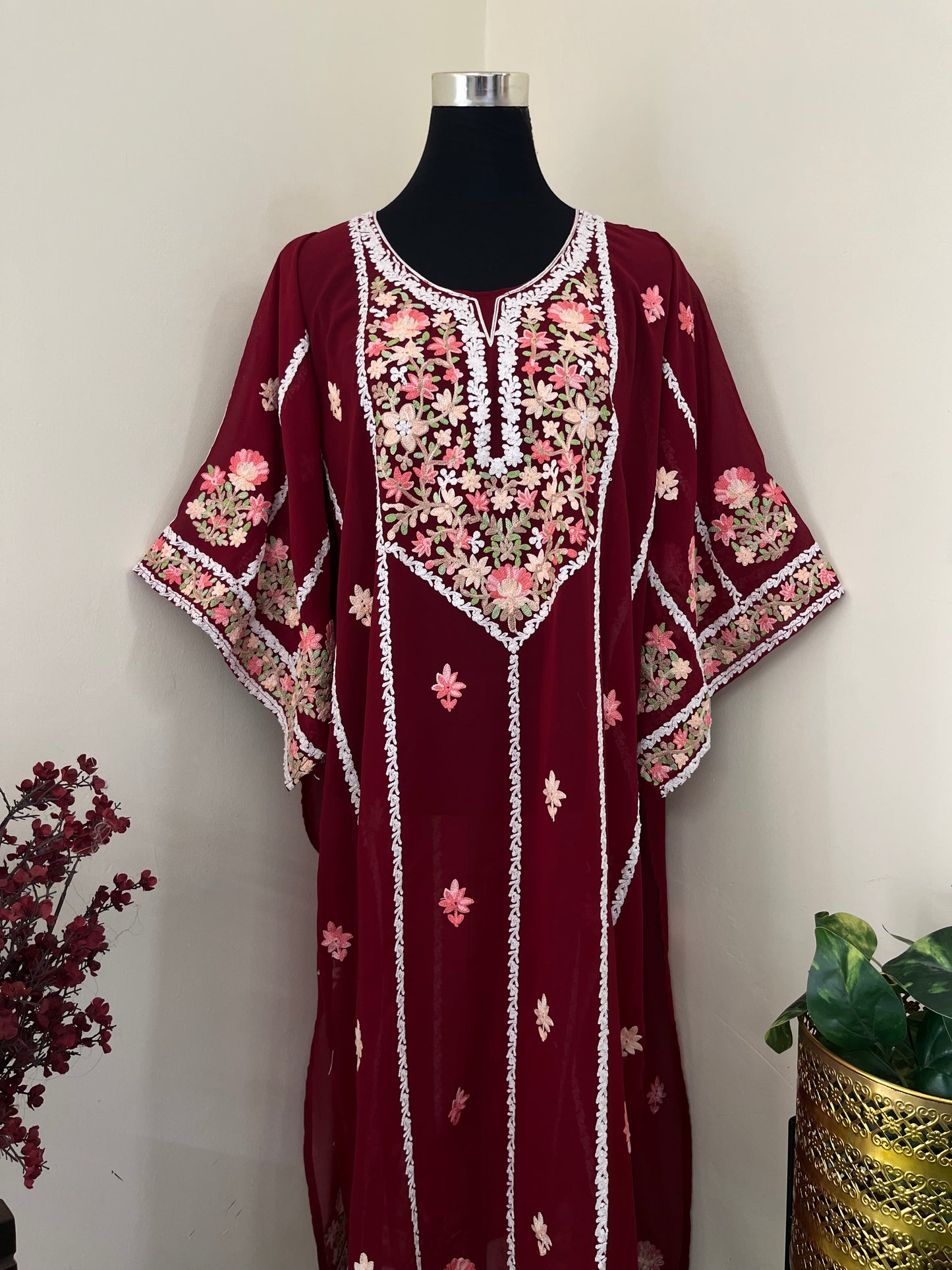 Maroon Georgette All over Work Aari Embroidered Unstitched Kurta