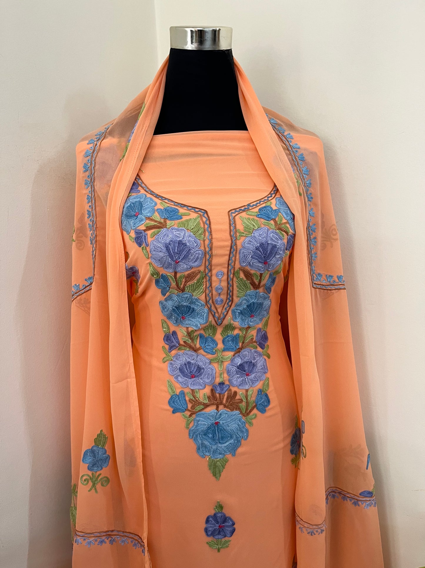 Light orange Georgette 3 Pc Aari Embroidered Suit