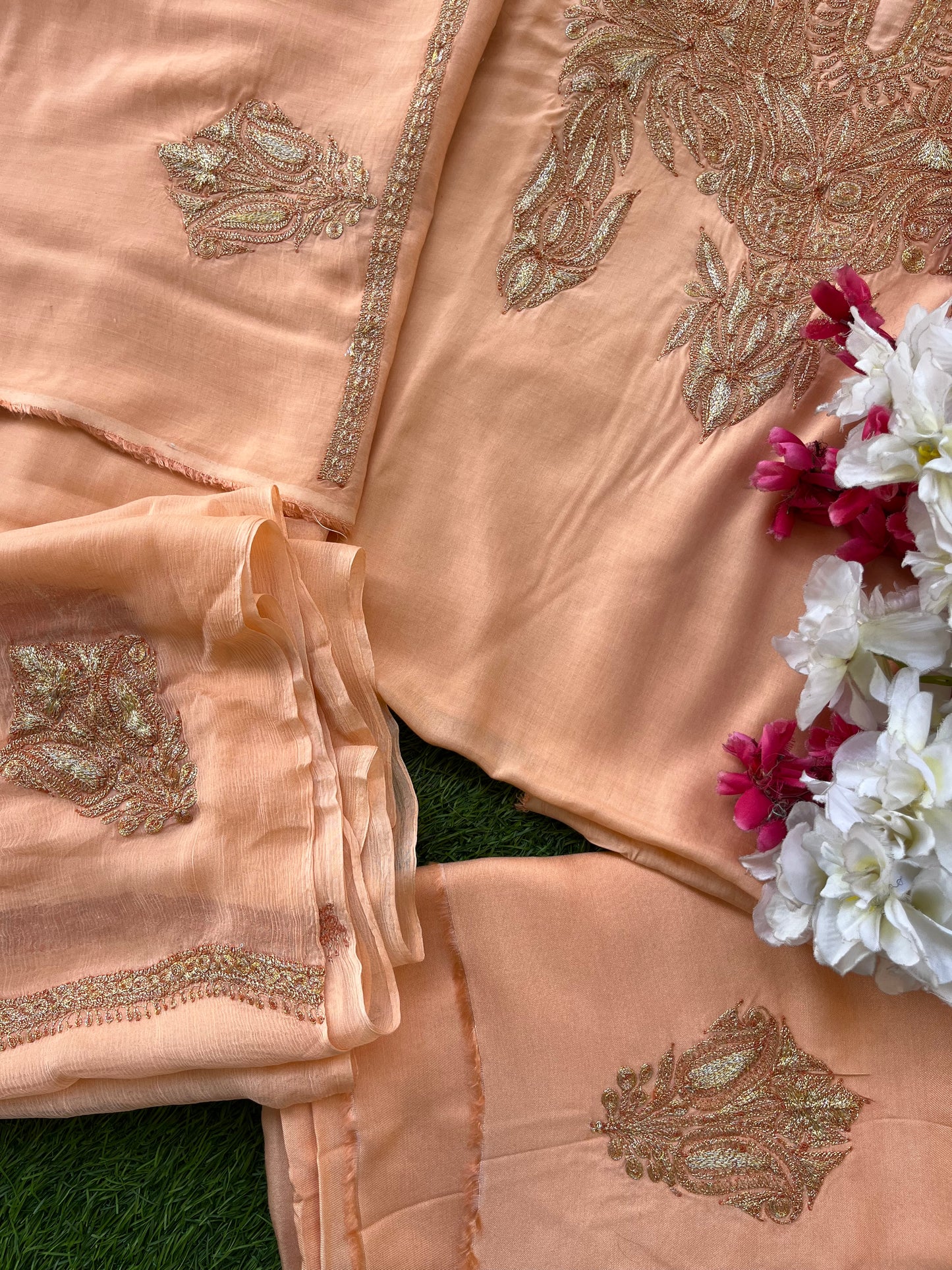 Kalaa’ Peach Muslin Silk Tilla Embroidered Suit material