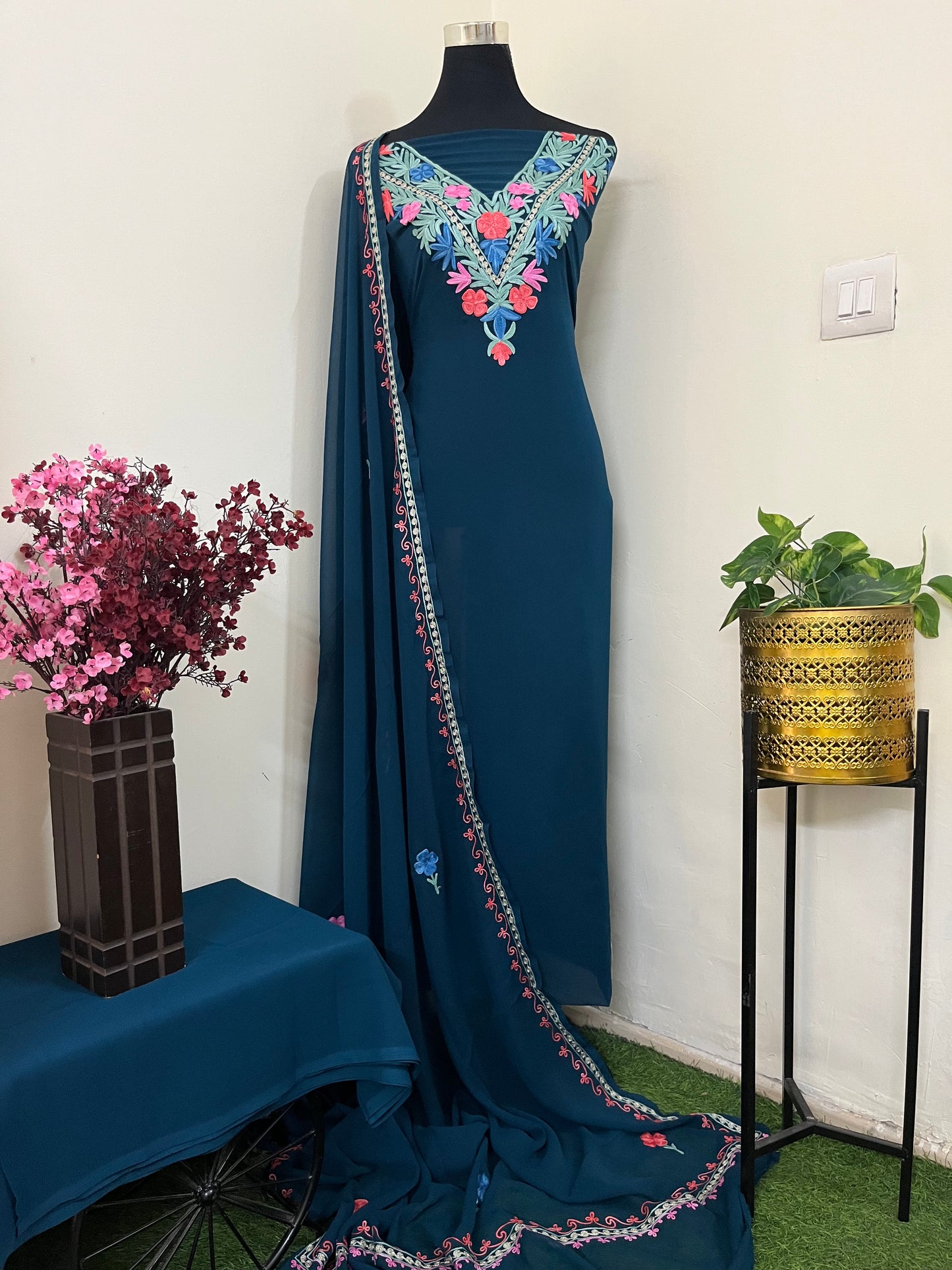 Teal blue Georgette 3 Pc Aari Embroidered Suit Set