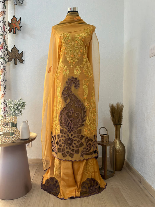 Mustard Yellow Pure Organza Cut Work Kashmiri Suit