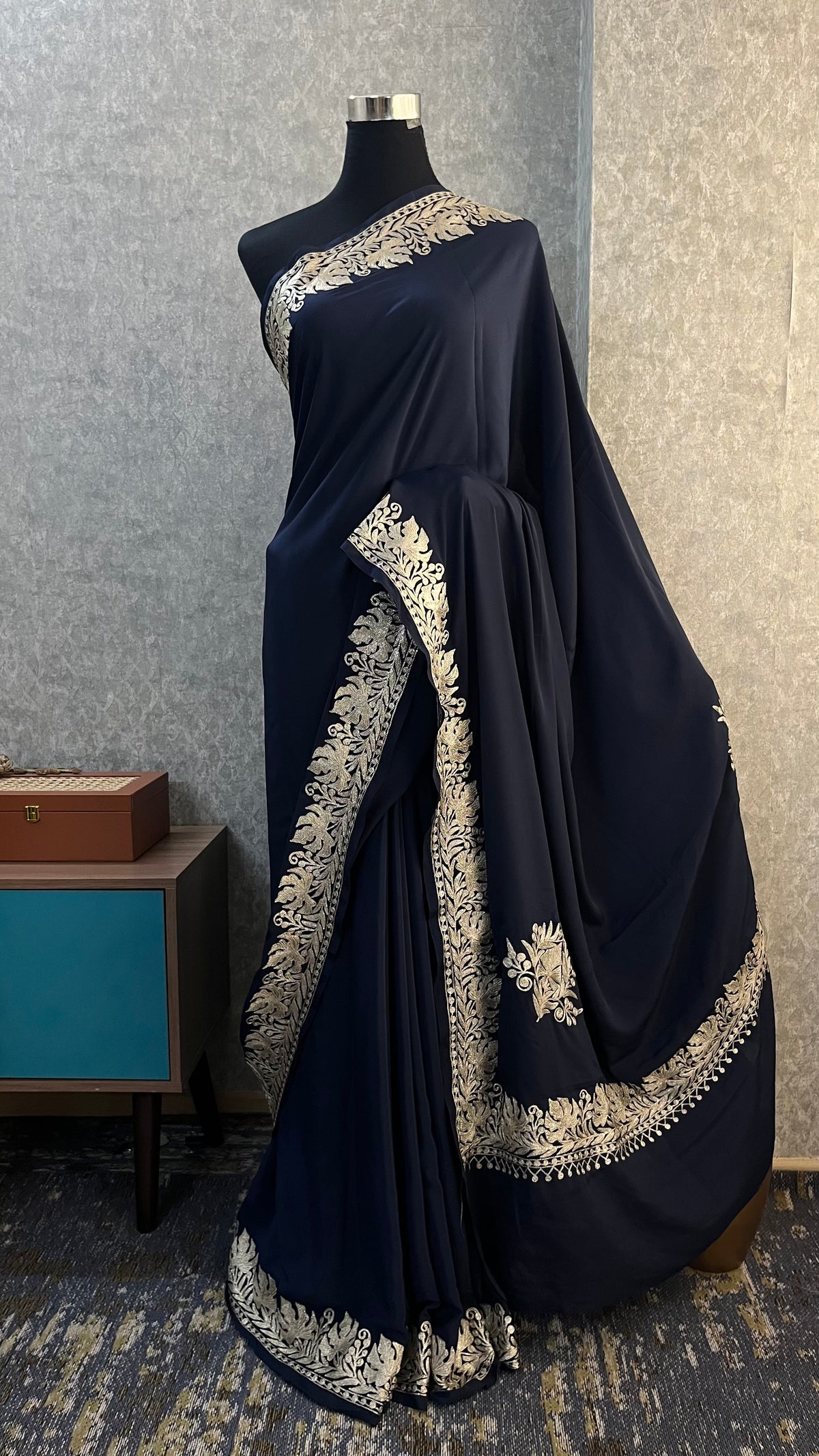 Navy Blue Crape Kashmiri Tilla Saree