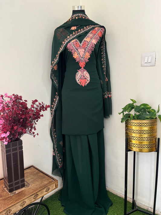 Bottle Green Georgette 3 Pc Aari Embroidered Suit Set