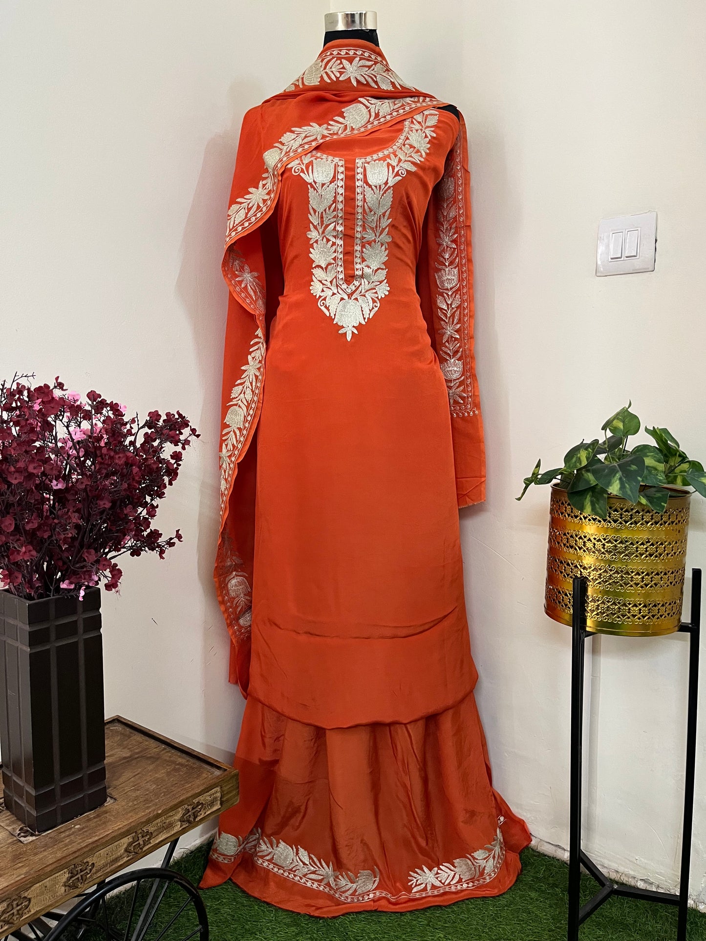 Kalaa’ Orange Crape Kashmiri Suit