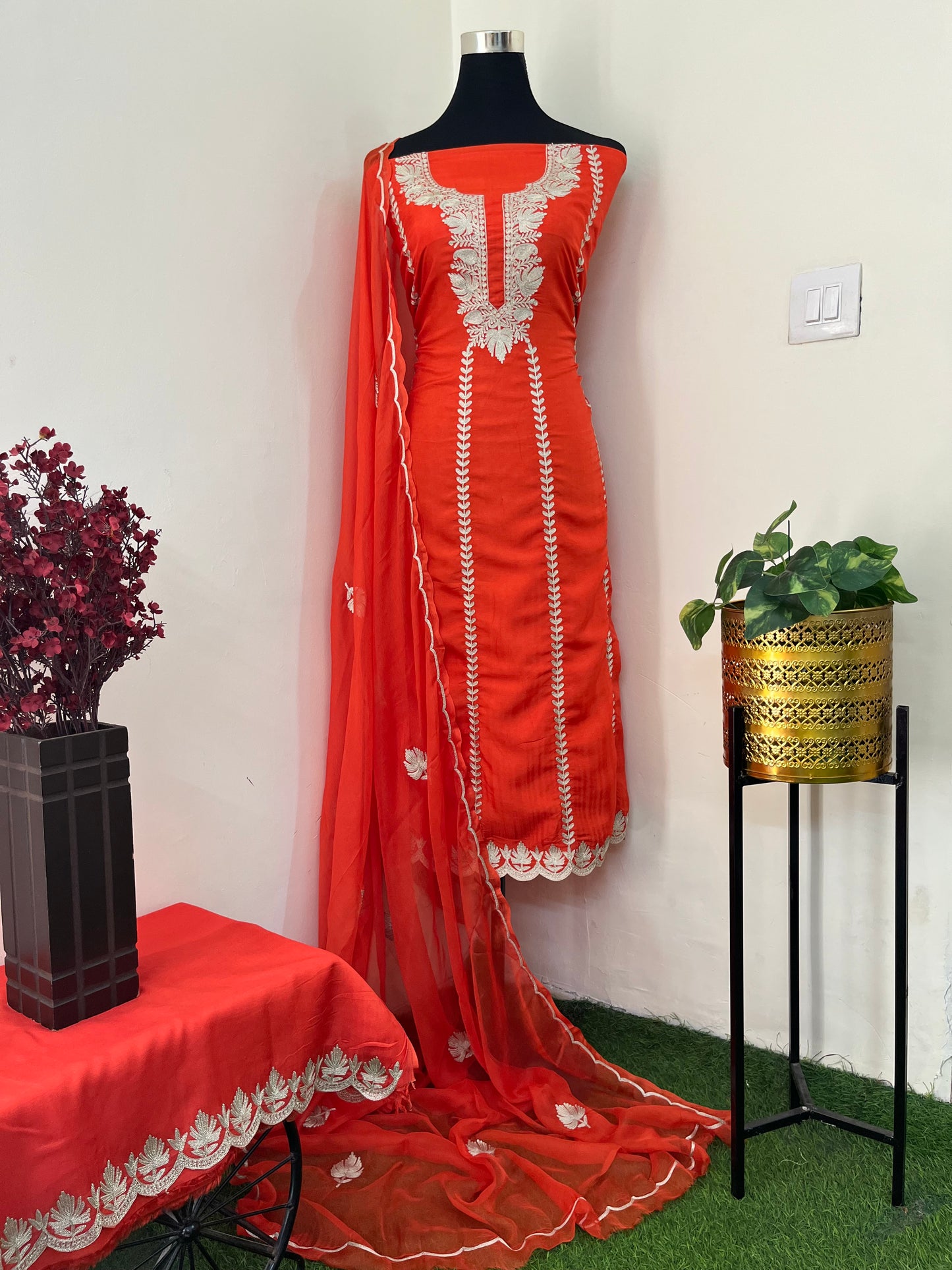 Orange Sanam’ Silk Tilla Kashmiri Suit