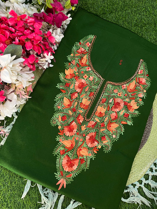 Green Woollen Aari Embroidered 2pc suit 5mtr