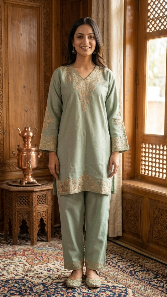 Light Green Woollen Kashmiri Co-Ord Set ( Size 48)