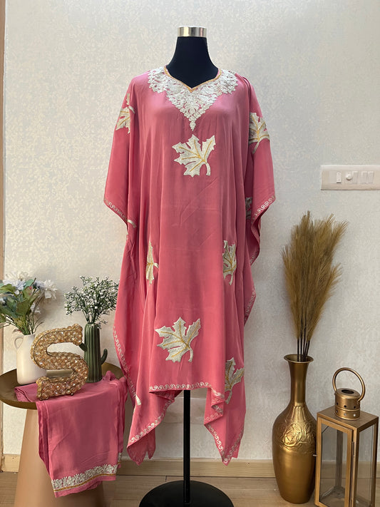 Onion Pink Crape Kashmiri Kaftan Set