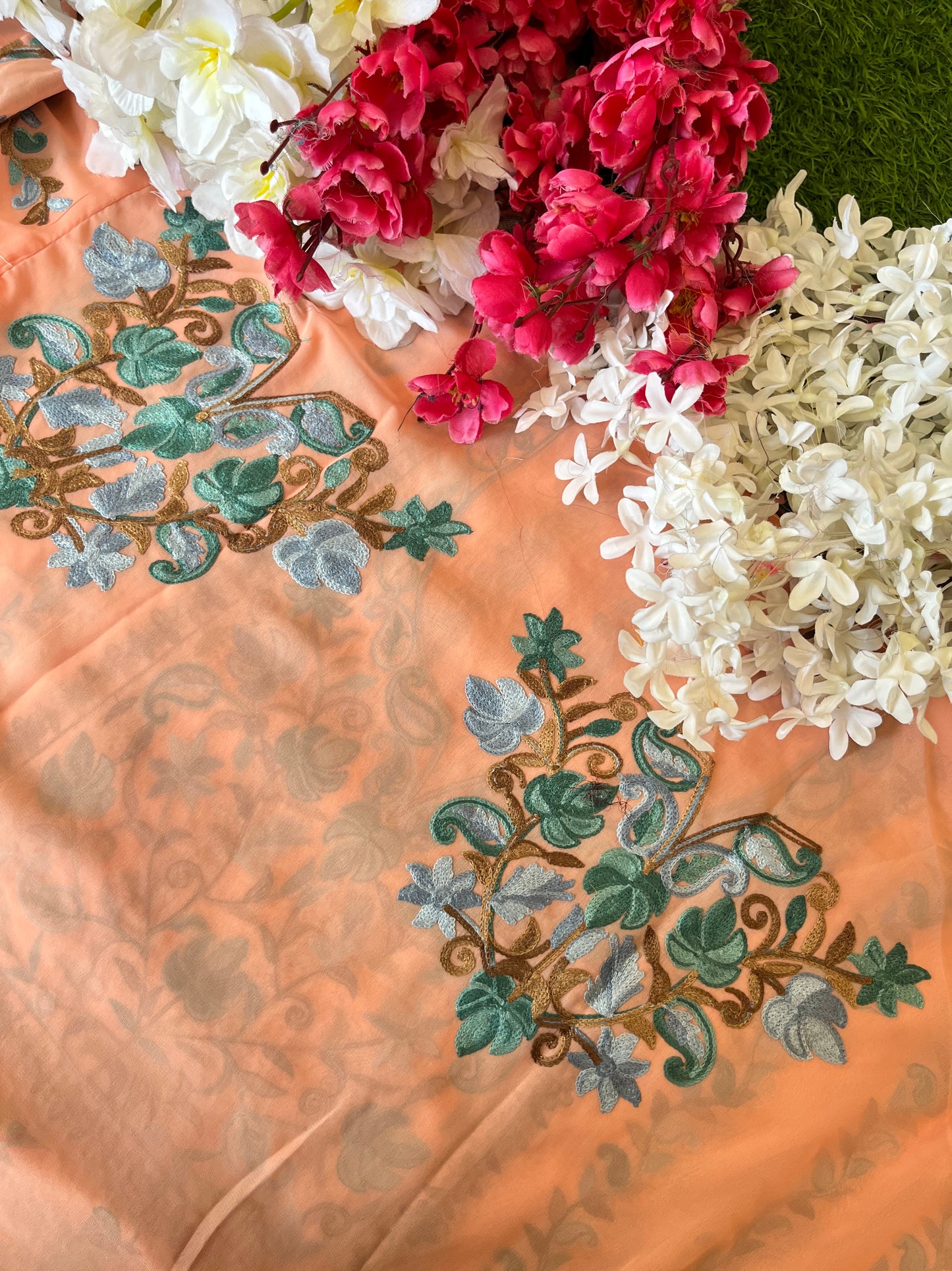 Peach Georgette All over Work Aari Embroidered Unstitched Kurta Material