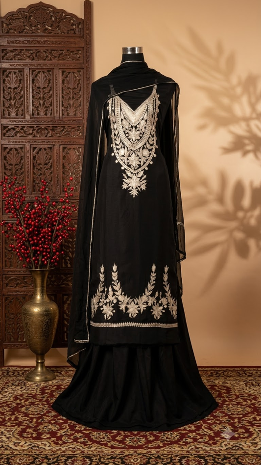 Black Silk Puff Tilla Embroidered Kashmiri Suit