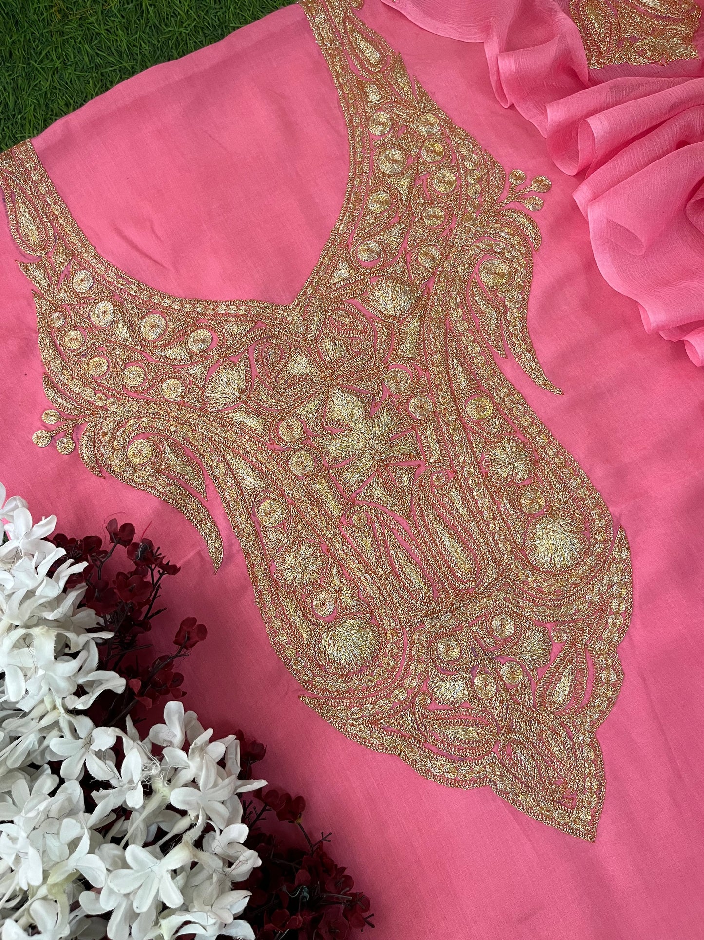 Kalaa’ Soft Pink Muslin Silk Tilla Embroidered Suit material