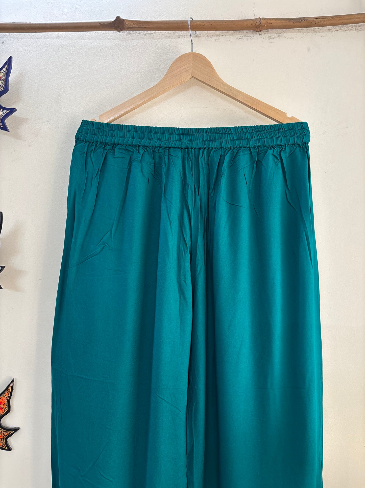 Women Green Wide Leg Solid Embroidered Palazzos