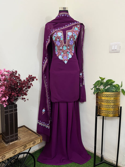 Wine Georgette 3 Pc Aari Embroidered Suit Set