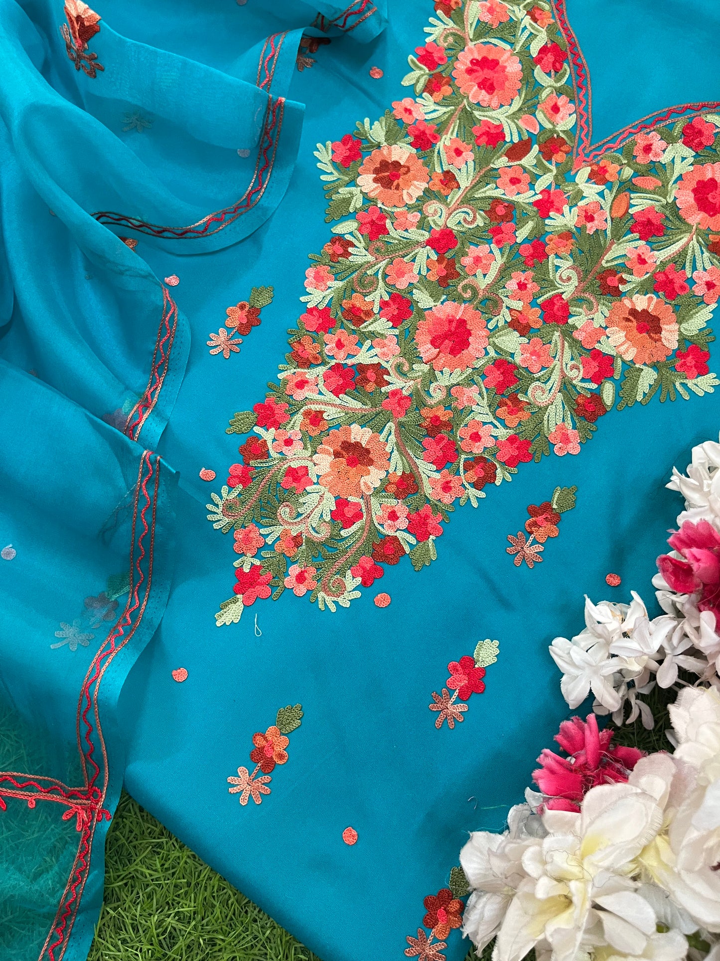 Peacock Blue Cotton Organza Dupatta Kashmiri 3pc set