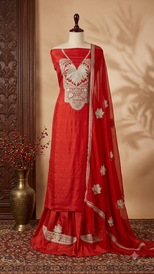 Orange Silk Tilla Embroidered Suit