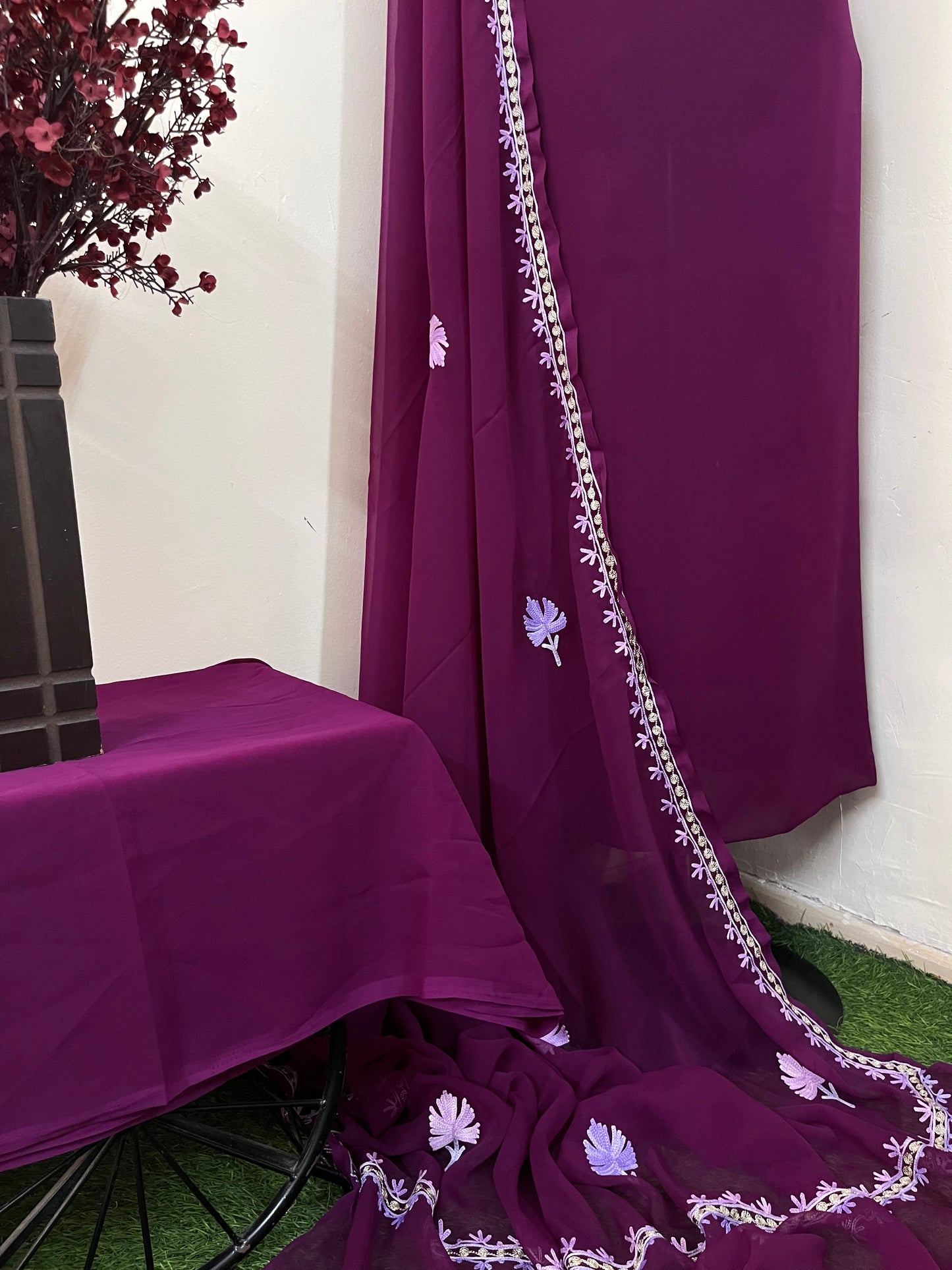Wine Georgette 3 Pc Aari Embroidered Suit Set