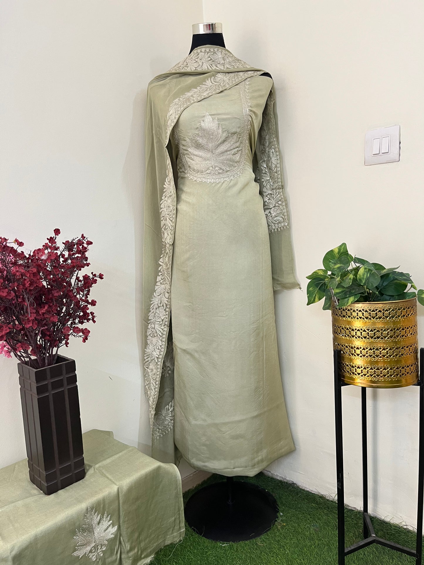 Sanam’ Pastel Green Tilla Embroidered Suit material