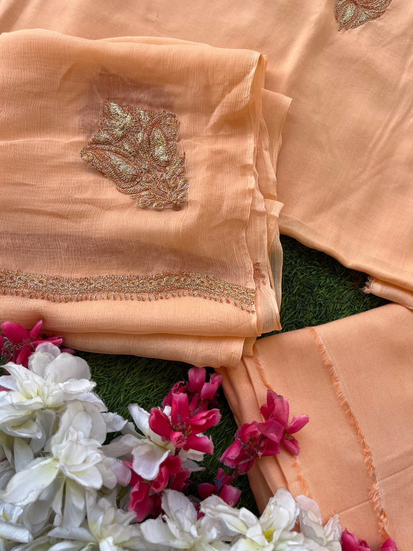 Kalaa’ Peach Muslin Silk Tilla Embroidered Suit material