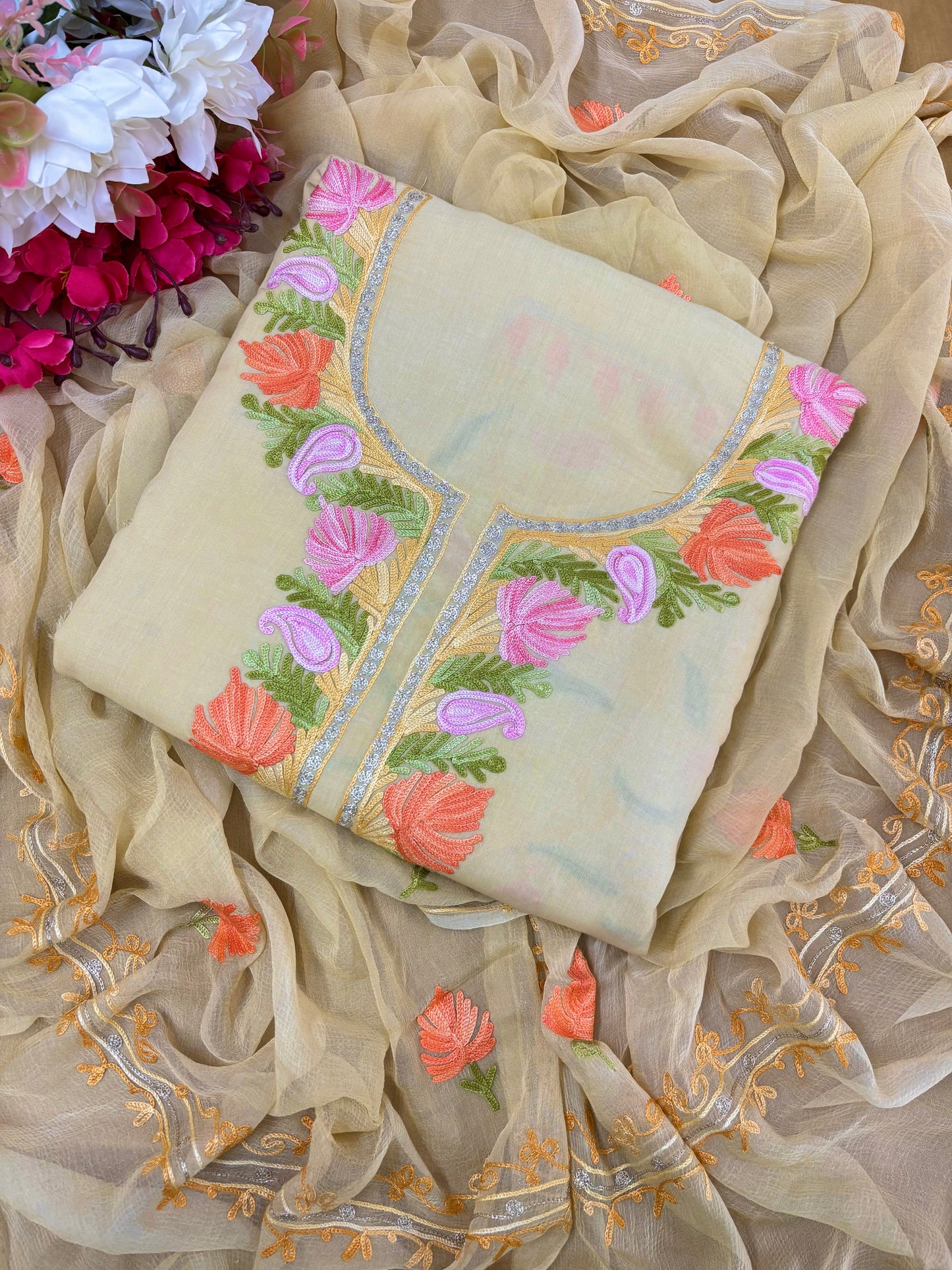 Beige Muslin Cotton Jaal Sleeves Kashmiri 3pc Suit