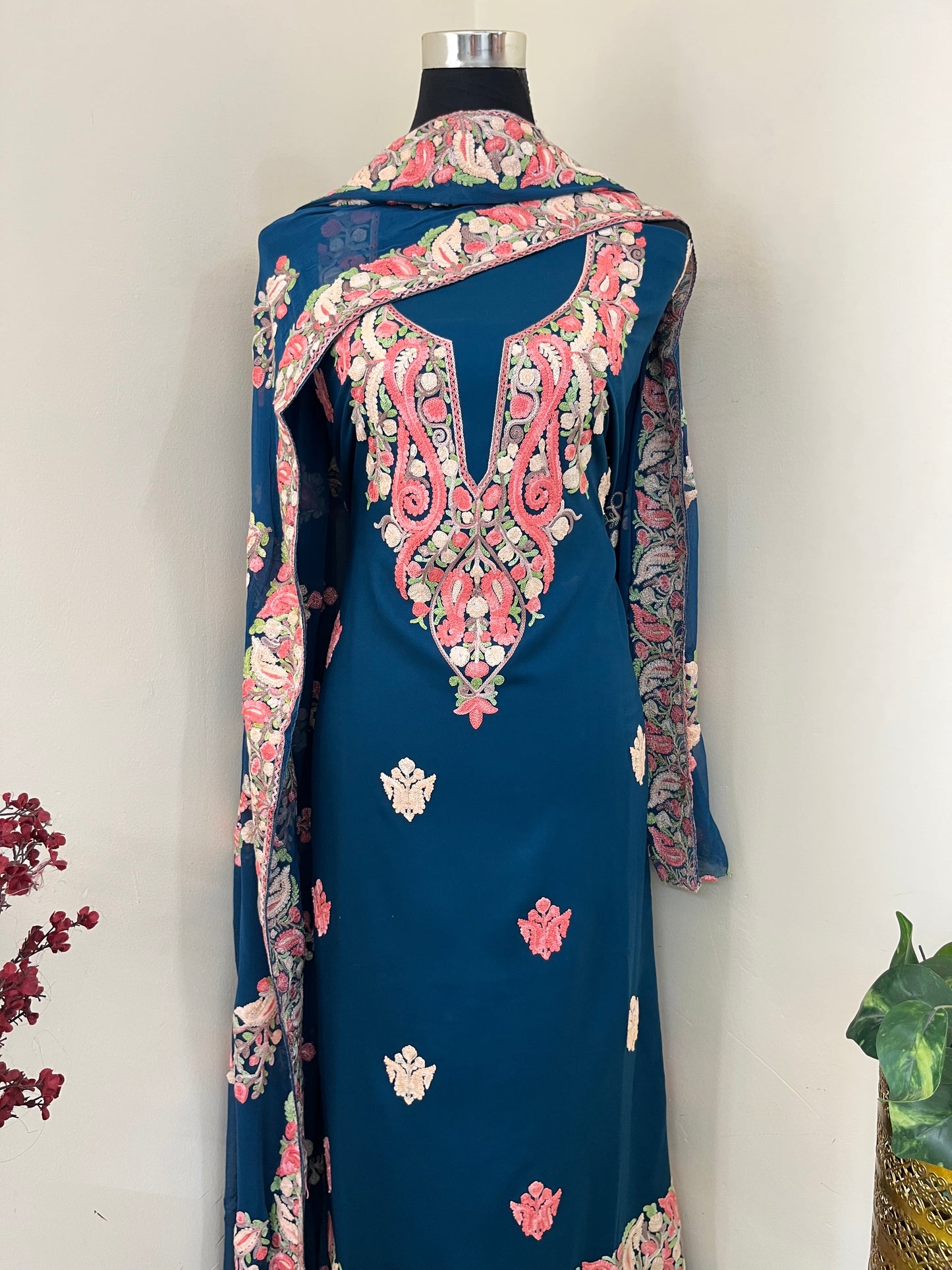 Blue Rayon Cotton Kashmiri 3pc set