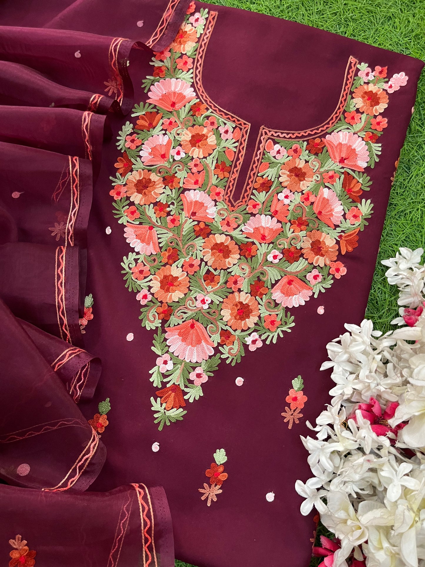 Wine Cotton Organza Dupatta Kashmiri 3pc set