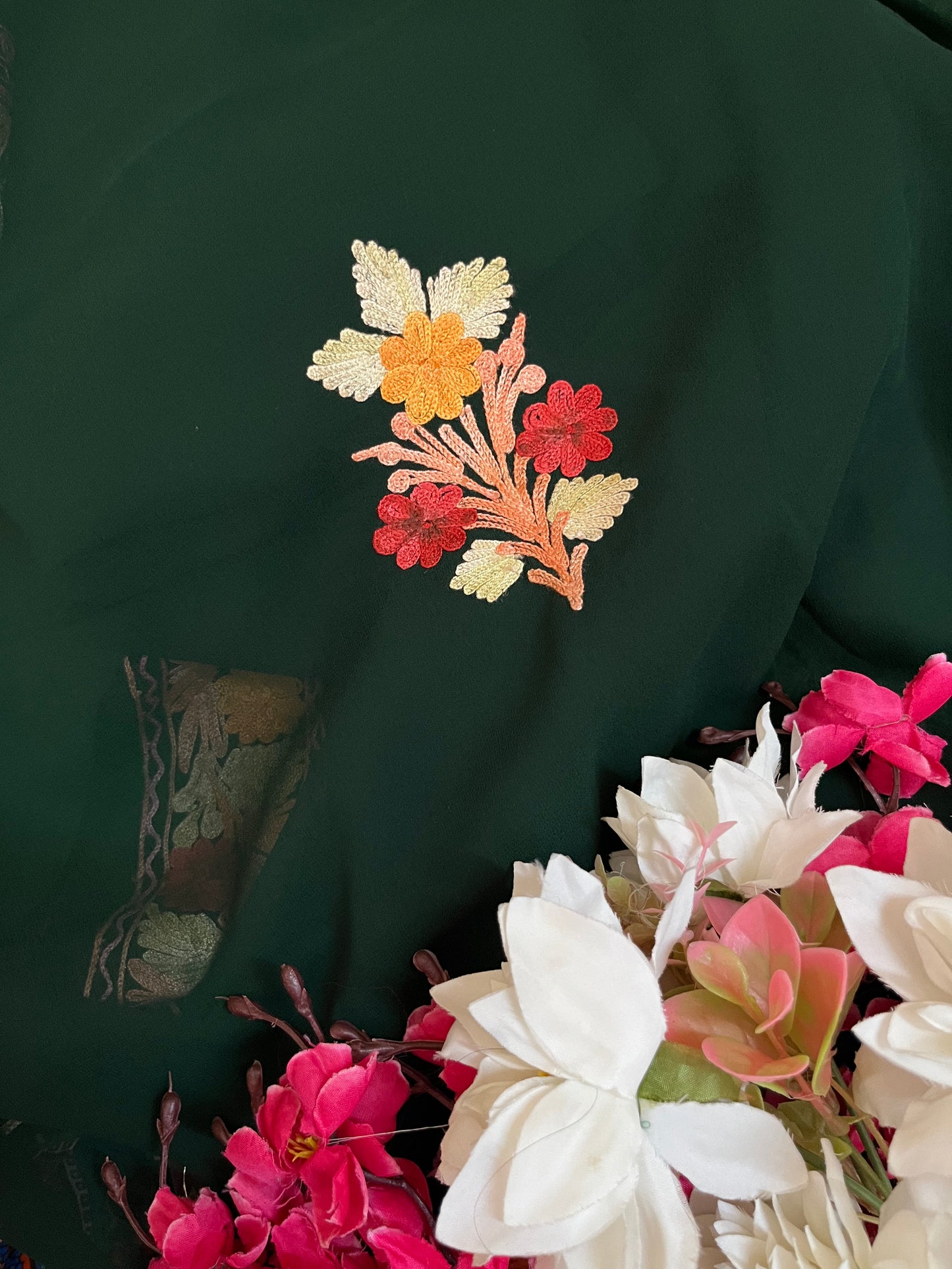 Bottle Green Georgette 3 Pc Aari Embroidered Suit Set