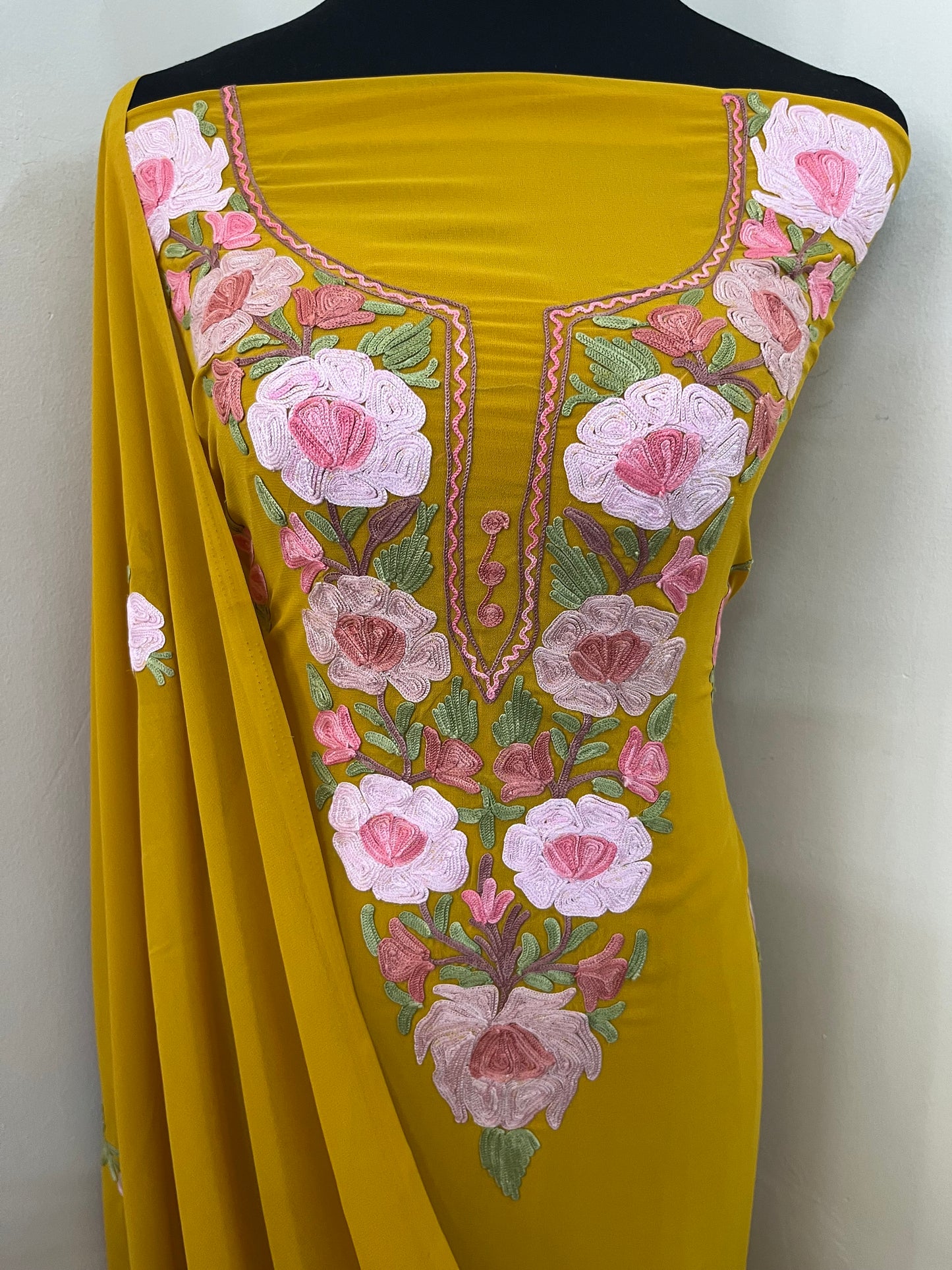 Mustard Georgette 3 Pc Aari Embroidered Suit