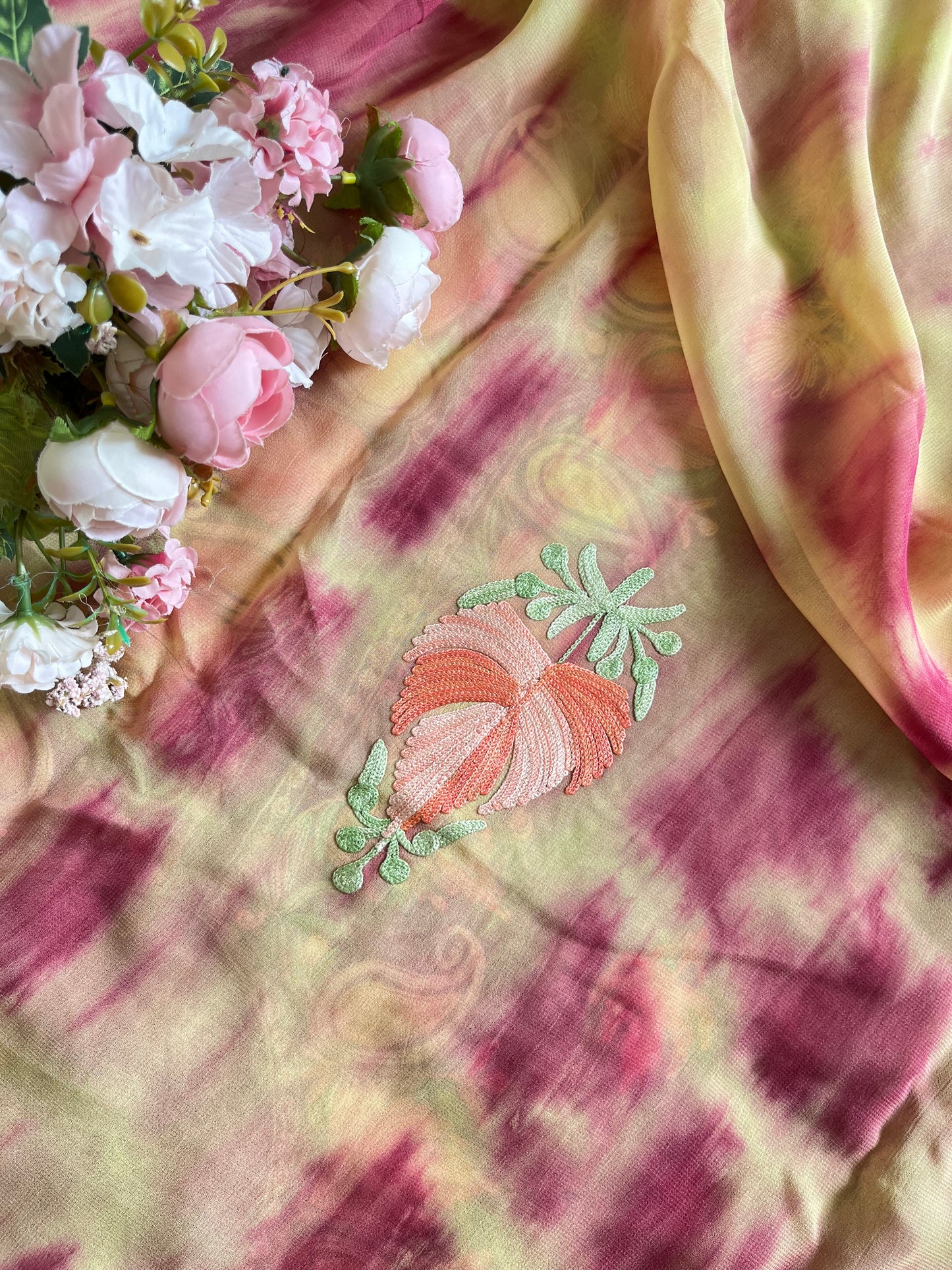 Yellow Pink Pure Georgette Ty Dy Kashmiri Suit